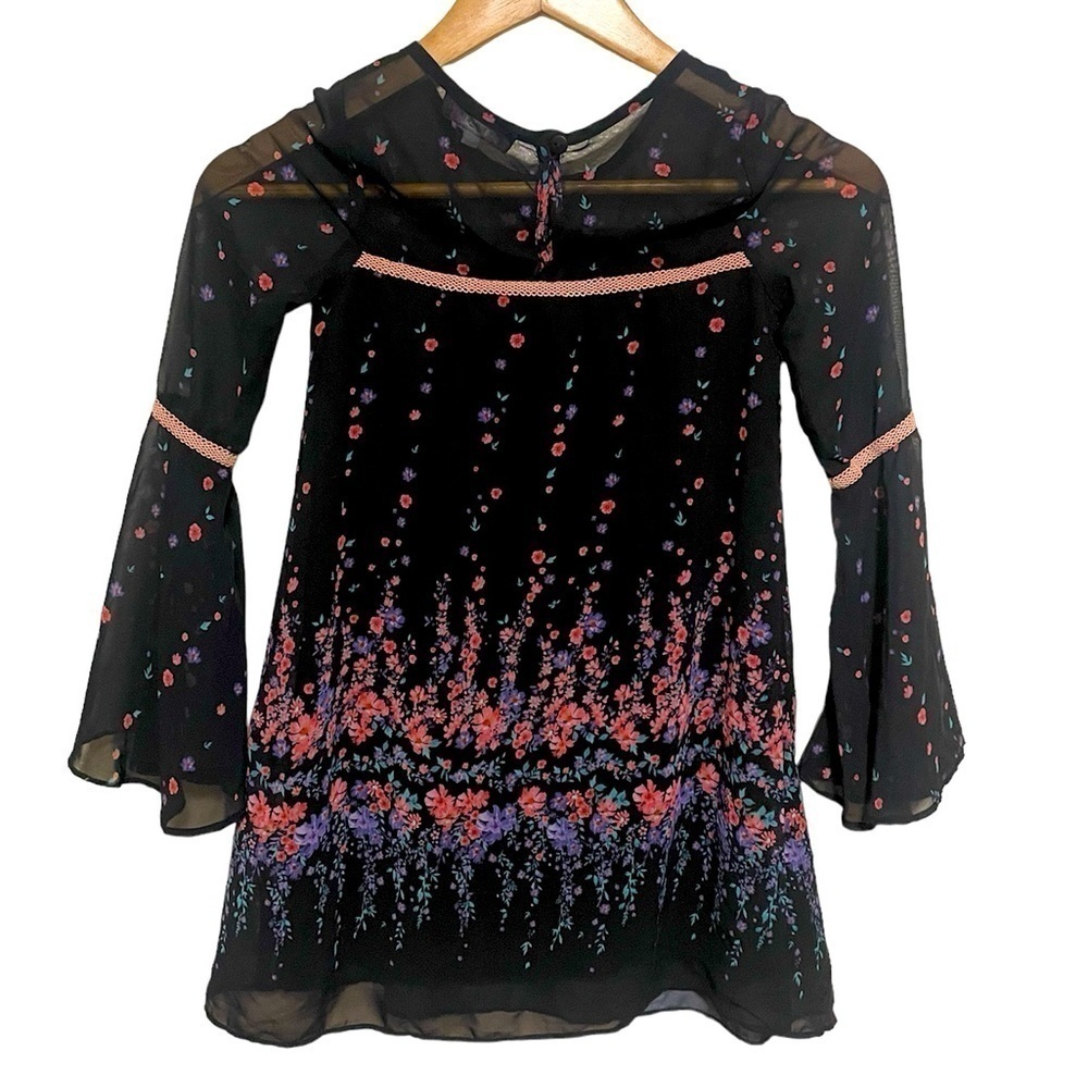 Truly me girls black Floral Boho Peasant Bell Sleeve Romantic dress